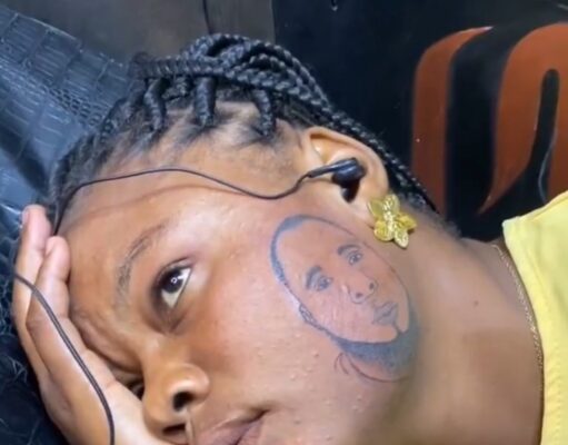 Woman gets large tattoo of man’s face on her cheek